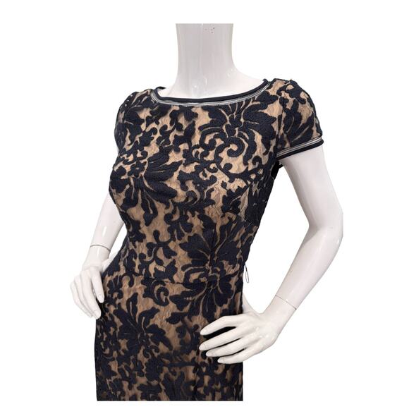 Tadashi Shoji Dress Navy Floral Embroidered Cap Sleeve Formal Gown Size 4 - Picture 2 of 6